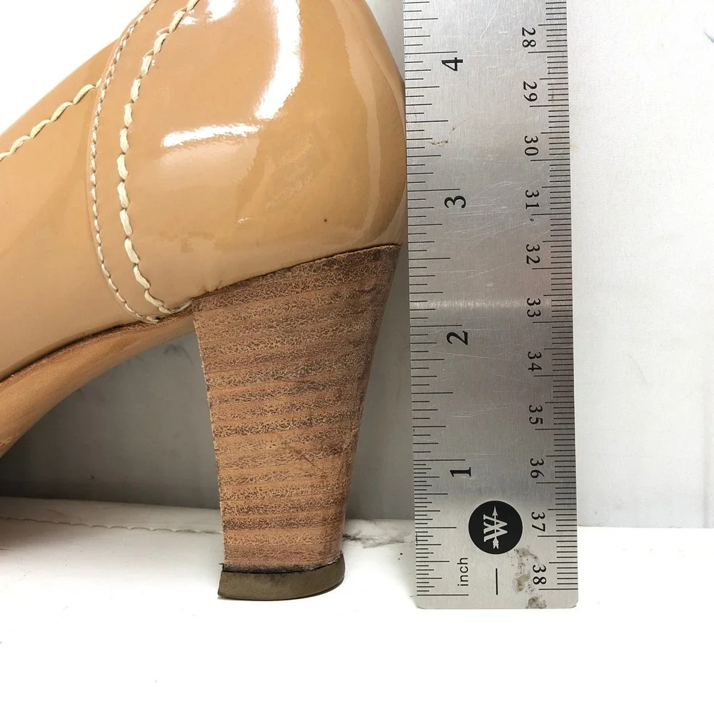 AGL Tan Patent Leather Pumps Round Toe Stitch Heels Womens 38.5